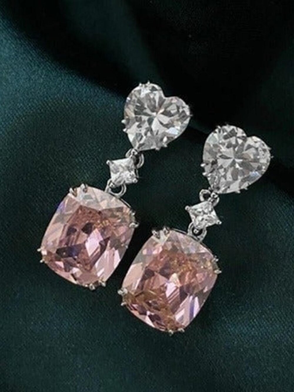 Pink Radiant Cut Heart Diamond Zircon Drop Earrings for